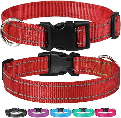 Reflective Dog Collar with Buckle Adjustable Safety Nylon Collars for Small Medium Large Dogs, Red S
