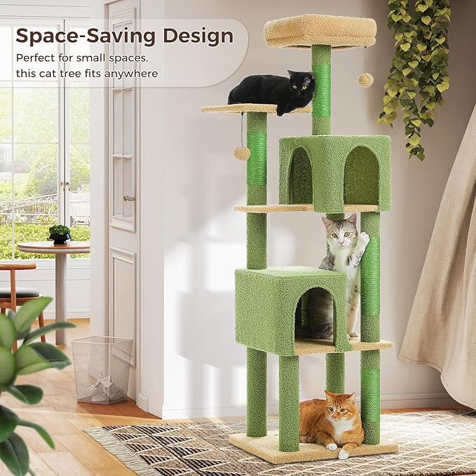 MUTTROS Cactus Cat Tree, 62-Inch Tall Multi-Level Cat Tower with Scratching Posts, Cat Condos for Large Indoor Cats, Plush Cat Bed w/Padded Perches, Scratching Pad & 2 Green Pompoms, Green