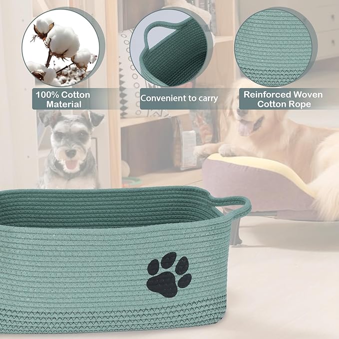 Set of 2 Woven Dog Toys Basket,Green Baskets for Dog Cat Toy,100% Cotton Rope Pet Toy Bin with Handles,Puppy Bed,Dog Storage Organizer for Toys,Collar,Leash,Nursing Supplies