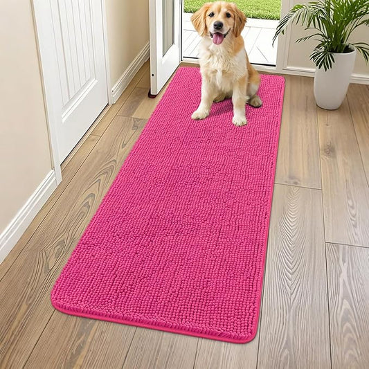Smiry Dog Door Mat for Muddy Paws 59x24, Absorbs Moisture and Dirt Doormat, Non-Slip Washable Quick Dry Chenille Front Door Mat Indoor Entrance, Entryway Carpet for Inside Floor, Hot Pink