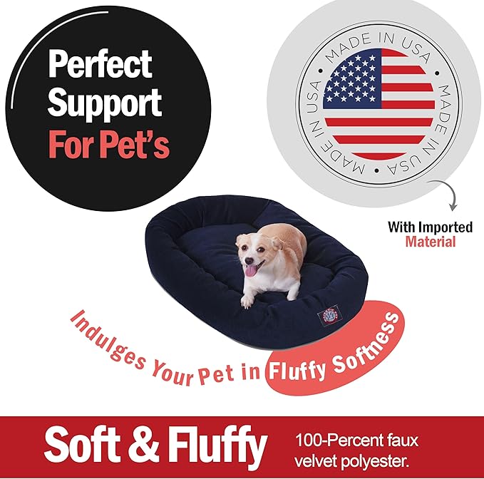 Majestic Pet 32 Inch Micro Velvet Calming Dog Bed Washable – Cozy Soft Round Dog Bed with Spine for Head Support - Fluffy Donut Puppy Mat 32x23x7 (inch) Medium – Navy