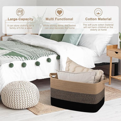 OIAHOMY Large Storage Basket, Cotton Rope Woven Blanket Basket, Toy Bin for Baby Room, Container for Blanket Storage in Living Room, 20''×16''×12'', Brown & Black