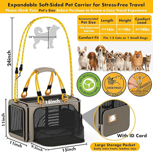PAWZIDEA Expandable Pet Carrier TSA Airline Approved, 18″×11″×11″ Soft-Sided Top-Load Carriers for Small Dog & 2 Cats Under Seat, Collapsible Puppy & Animal Travel Bag Up to 18lbs, ID Card, Chew-Proof