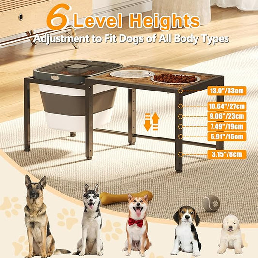 Elevated Dog Bowl with Storage Container - 2-in-1 Raised Dog Bowl Stand with 2 Stainless Steel Food Bowls，15-18 lb Dog Food Storage Bin for Large Breed Dogs, Adjustable Height Feeding Station