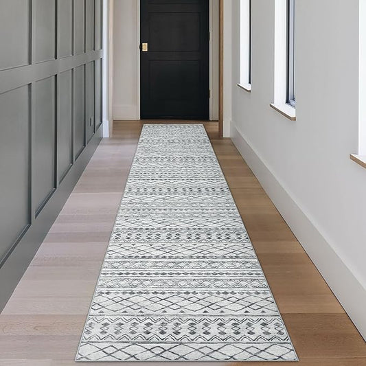 KUTA Boho Hallways Runner Rugs 2x12, Moroccan Washable Kitchen Rug Non-Slip Vintage Grey 12ft Ultra Soft Distressed Geometric Floor Carpet Runners for Bedroom Laundry Living Room