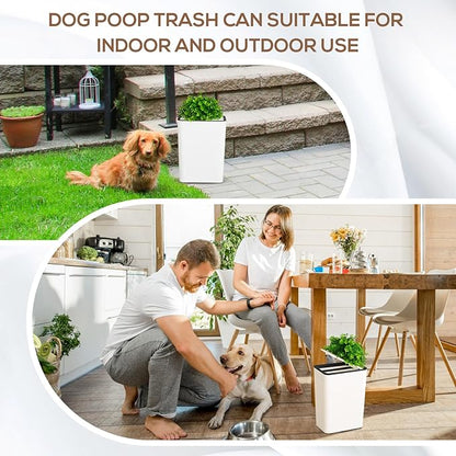 Jingmore Dog Poop Trash Can Outside 3.96 Gal/15 L Plant Styled Dog Waste Trash Can with Lid 50 Pcs Plastic Waste Bags Outdoor Indoor Poop Container Slim Garbage Bin for Yard Garden Pet (White)