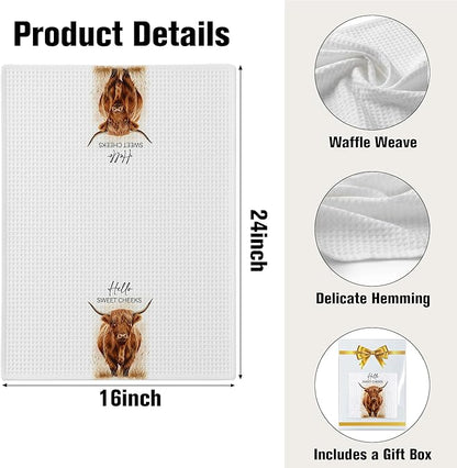 Highland Cow Farmhouse Hand Towels for Bathroom Kitchen Decor | Waffle Weave Microfiber Dish Towel Set | Hello Sweet Cheeks Farmhouse Cow Decorative - A01