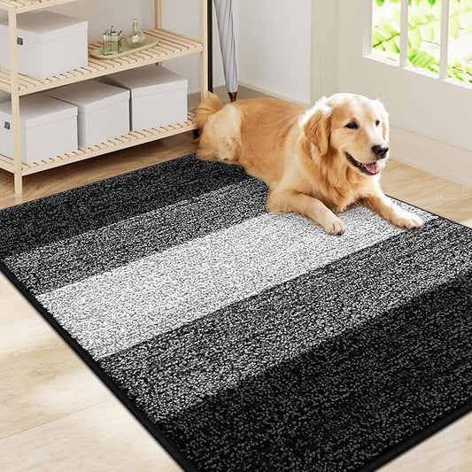 Smiry Dog Door Mat for Muddy Paws, Absorbs Moisture and Dirt, Low-Profile Entryway Mat with Non-Slip Backing, Entry Indoor Outdoor Doormat for Inside Floor (40x32 Inches, Black, Striped)
