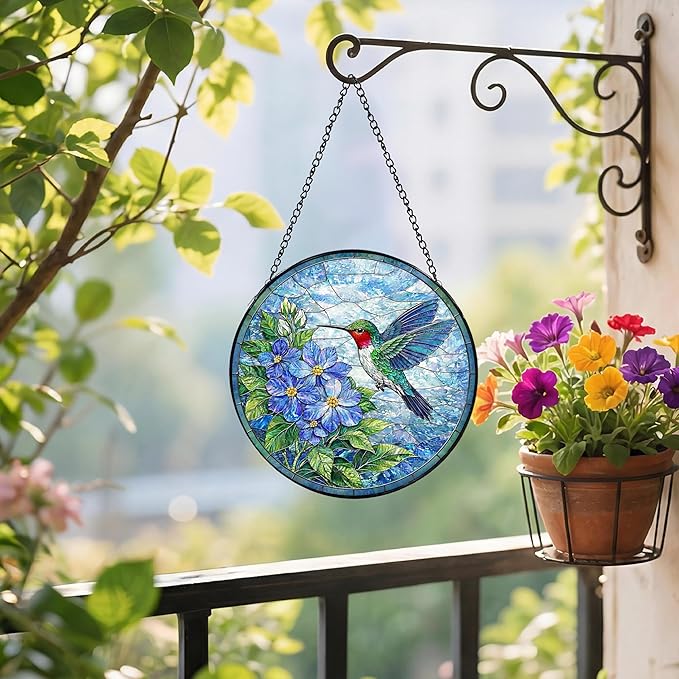 Sanwarm Stained Glass Window Hanging, Hummingbird Blue Flowers Suncatcher Window Decor for Indoor Home Sun Catcher Ornament, Mother’s Day & Birthday Gift for Women, Men, Mom & Nana, 7.8 in