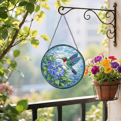 Sanwarm Stained Glass Window Hanging, Hummingbird Blue Flowers Suncatcher Window Decor for Indoor Home Sun Catcher Ornament, Mother’s Day & Birthday Gift for Women, Men, Mom & Nana, 7.8 in