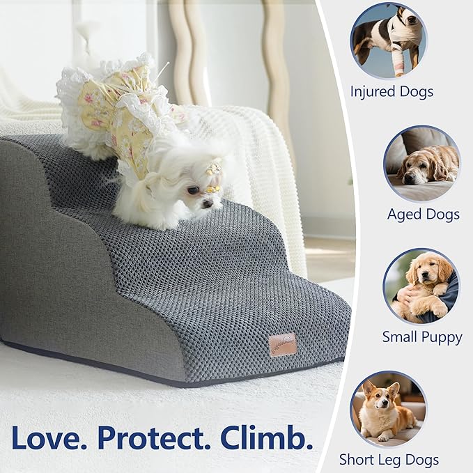 GoGoBunny Ramp Dog Stairs for High Beds 24.4" H, 5-Step Extra Wide Dog Slope Stairs with Durable Waterproof Fabric Cover, Pet Steps for Old Large Dogs Climbing, Non-Slip Sturdy Indoor Step, Grey