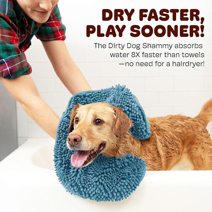 Dog Gone Smart The Dirty Dog Shammy - 2-Pack, Fast Drying Plush Shammy Towel with Dual Hand Pockets and Elastic - Super Absorbent Microfiber and Machine Washable - 31×13 in, Pacific Blue