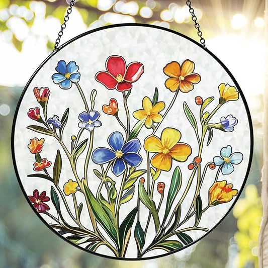 Flowers Sun Catcher Stained Glass Window Hanging Flower Decor Gifts for Women Wall Decor Handmade Sun Catcher Botanical Decoration for Home Garden Housewarming Gifts