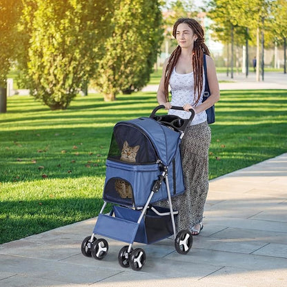LEMY Pet Stroller,4 Wheels Dog Cat Stroller with Storage Basket&Cup Holder,Folding Dog Cat Cage Jogger Strollers for Small Medium Dogs Cats Travel,Navy Blue