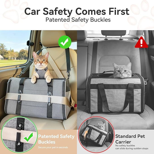 PETSFIT Soft-Sided Cat Carrier with Patented Safety Buckles, Lockable Zippers & Safety Tether,Escape-Resistant Travel Pet Carrier for Car Rides & Vet Visits, Airline Approved Under-Seat, Up to 12 lbs