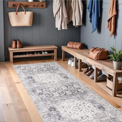 Hallway Washable Runner Rug 2'6x10 - Kitchen Runner Rugs Indoor Non Slip Rugs for Living Room Bedroom Vintage Distressed Mat Stain Resistant Floor Decoration Carpet for Bathroom (2'6''x10', Grey)
