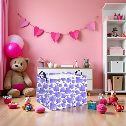 HIYAGON Rectangular Valentines Basket Fabric Storage Bin Storage Boxes Collapsible Storage Basket for Clothes Books Shelves Basket(Purple Heart)