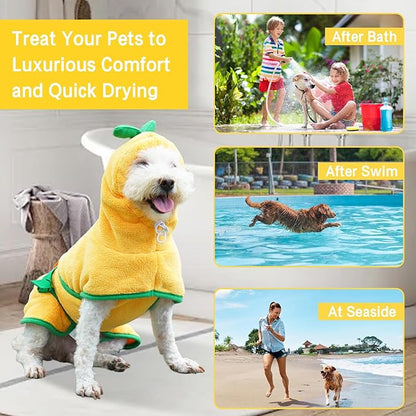 Pet Bathrobe for Dog Cat Absorbently Quick Drying Coat Cute Dogs Bath Towel Hooded Robe Adjustable Collar & Belly Strap for Pool Beach (Yellow, Small)