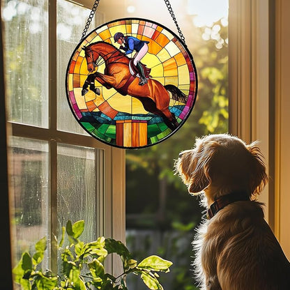 Stained Glass Window Hanging Equestrian Sports Large 11.8" - Horse Suncatcher Door Garden Sunroom Sun Catcher Home Decor Birthday Christmas for Mom Men Woman Nana