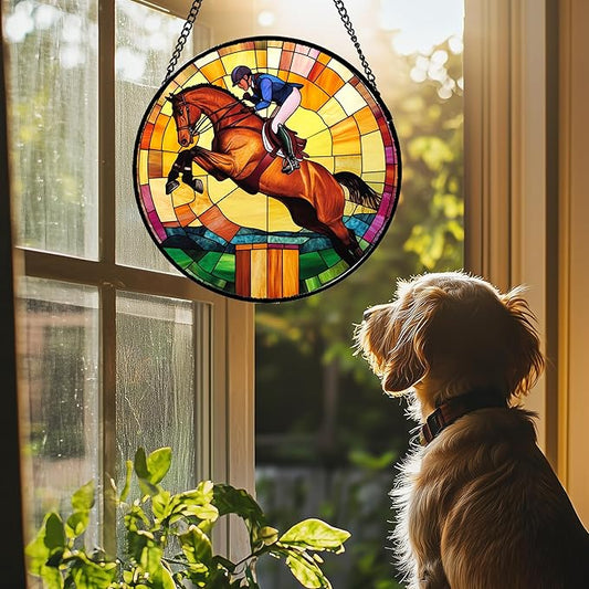 Stained Glass Window Hanging Equestrian Sports Large 11.8" - Horse Suncatcher Door Garden Sunroom Sun Catcher Home Decor Birthday Christmas for Mom Men Woman Nana