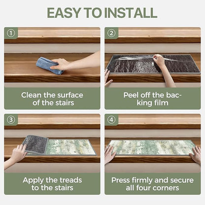 Carpet Stair Treads Non Slip 15PCS, 8" X 30" Edging Stair Runner for Wooden Steps Indoor, Resistant Stair Rugs with Reusable TPE Adhesive Backing, Residue Mat for Elders, Pets, Moss/Ivory