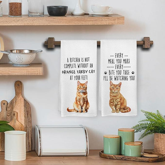 Funny Orange Tabby Cat Kitchen Towels, Orange Cat Mom Lady Lovers Gifts for Women Hand Towels, Gifts for Pet Lovers Dishcloths Dish Towel for Kitchen 16x24 Inches Set of 2