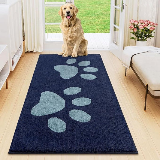 Smiry Dog Door Mat for Muddy Paws, Absorbs Moisture and Dirt, Low-Profile Entryway Mat with Non-Slip Backing, Entry Indoor Outdoor Doormat for Inside Floor (47x24 Inches, Dark Blue, Paw)