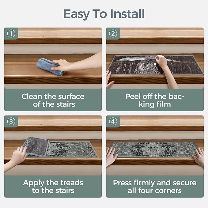 Non Slip Stair Treads for Wooden Steps 15PCS - 8"x30" Indoor Safety Carpet, Edging Mats with TPE Adhesive Backing, Pet and Elderly Friendly Stair Rugs (Black&Olive)