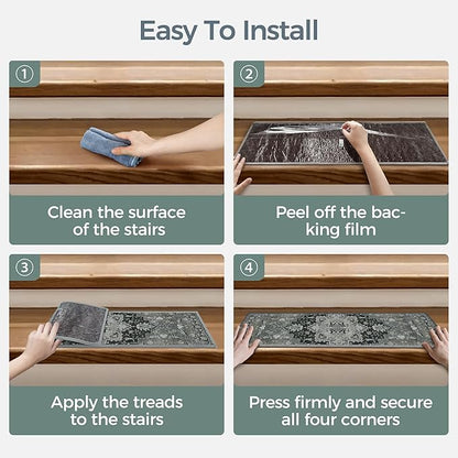 Non Slip Stair Treads for Wooden Steps 15PCS - 8"x30" Indoor Safety Carpet, Edging Mats with TPE Adhesive Backing, Pet and Elderly Friendly Stair Rugs (Black&Olive)