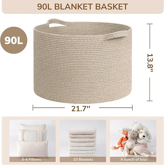 INDRESSME XXXLarge Blanket Basket for Living Room 21.7" x 21.7" x 13.8"-Storage Basket with Handle for Organizing Toy Pillows Woven Wicker Laundry Basket Stuffed Animal Toy Storage for Play Room