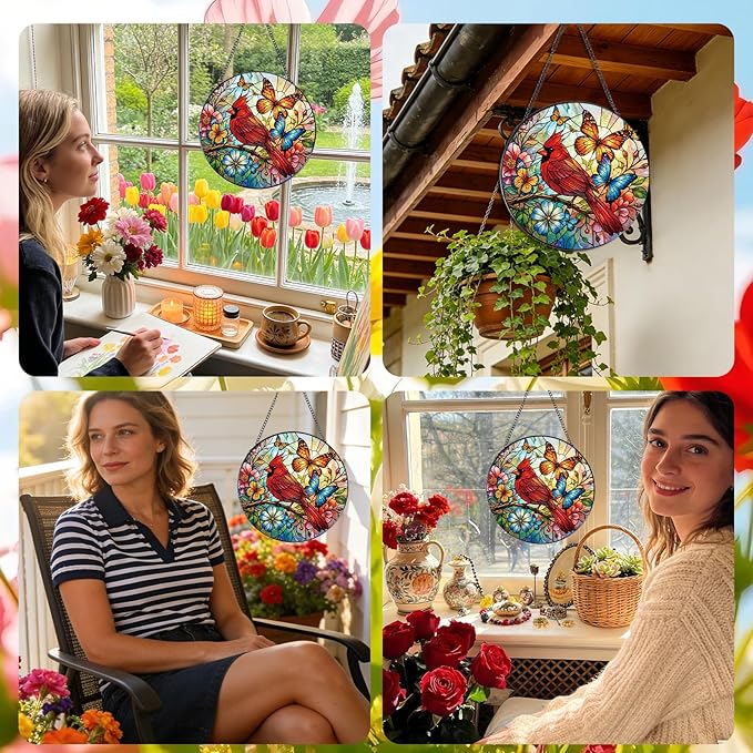 Stained Glass Window Hanging, 7.8″ Cardinal Sun Catchers with Hook Indoor Window Bird Butterfly Decor, Decorative Suncatchers Hanging Ornaments Home Garden Art Gift for Housewarming