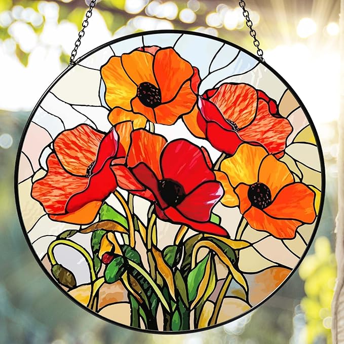 California Poppy Forest Sun Catcher 6'' Stained Glass Window Hanging Flower Lover Gifts for Women Red Poppy Kitchen Decor Suncatcher Decoration for Home Garden Housewarming Gifts