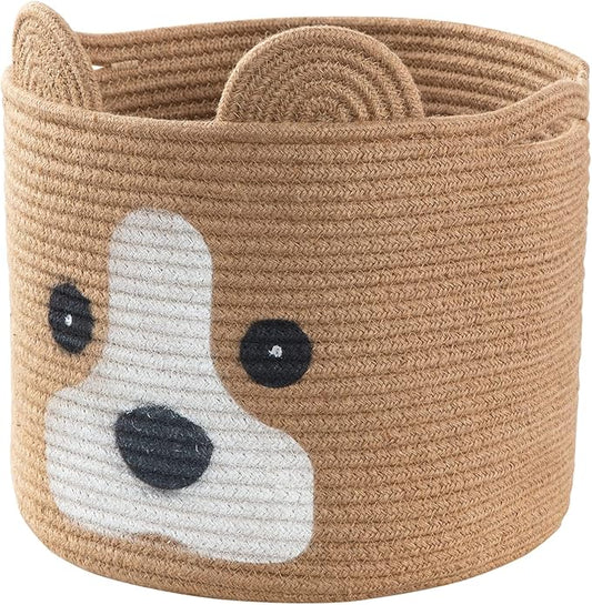 Medium Dog Woven Baskets with Handle, Dog Toy Hamper, Cotton Rope Dog Toy Storage Baskets for Pet, Animal Basket for Kids, Baby Gift Baskets for Dog Lovers, Jute