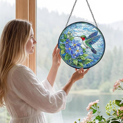 Sanwarm Stained Glass Window Hanging, Hummingbird Blue Flowers Suncatcher Window Decor for Indoor Home Sun Catcher Ornament, Mother’s Day & Birthday Gift for Women, Men, Mom & Nana, 7.8 in