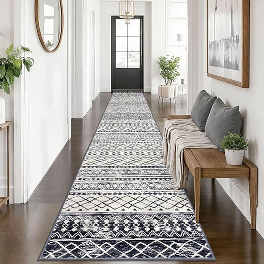 KUTA Boho Runner Rug for Hallway 2.6x14 Moroccan Washable Black Navy Blue Rugs Non-Slip Vintage Long Kitchen Runners Soft Geometric Floor Carpet for Bedroom Laundry Living Room