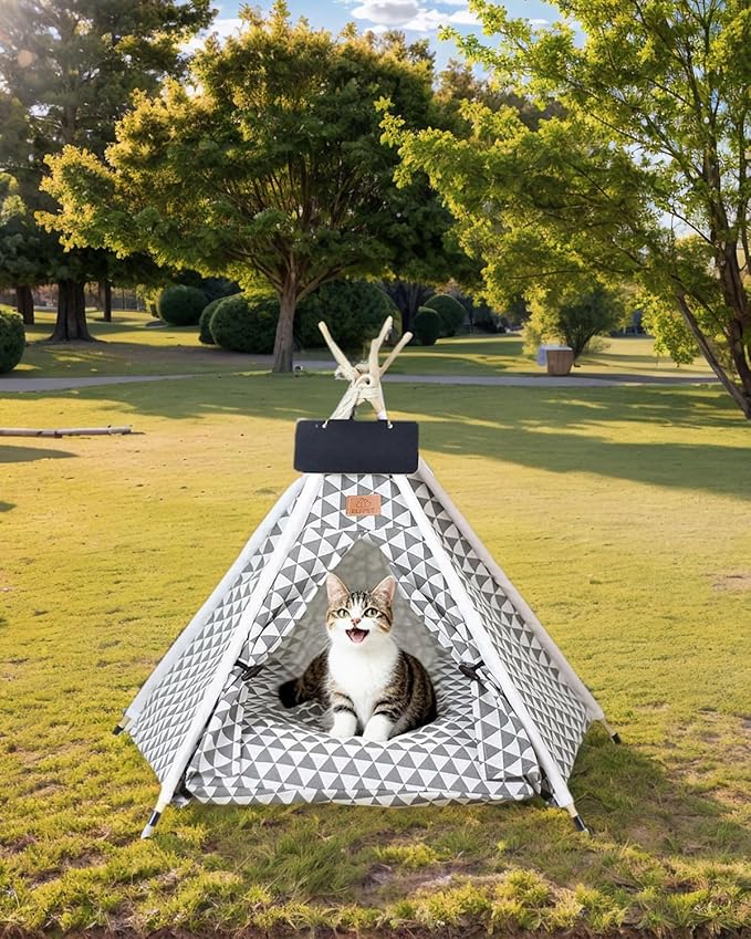Pet Teepee Tent for Dogs & Cats - Cozy Dog House with Thick Cushion, Soft Cotton Canvas Pet Bed, Portable & Washable Pet Tent for Indoor & Outdoor Use, Easy Assembling for Small Pets
