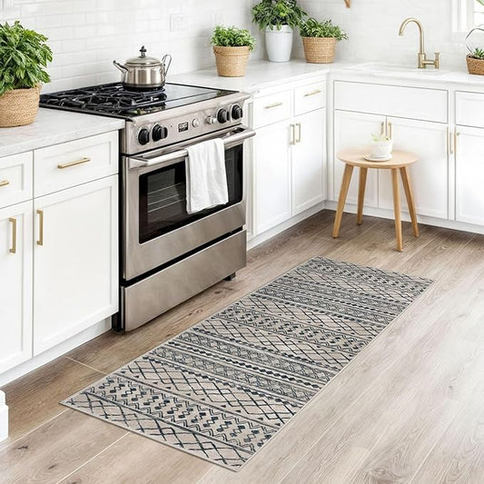 KUTA Boho Kitchen Rug 2x5 Light Brown Black Moroccan Washable Runner Rug Non-Slip Vintage Hallway Runners Ultra Soft Distressed Geometric Floor Carpet for Bedroom Laundry Living Room