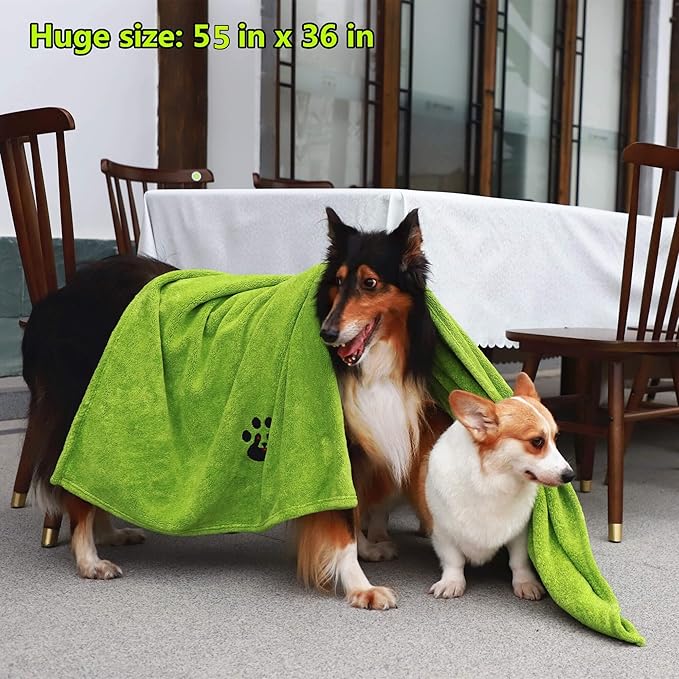 Extra Large Dog Towel - Pack of 3 - Super Absorbent Soft Microfiber Pet Bath Grooming Towels for Drying Dogs and Other Pets (XL-55" * 36", Green and Brown and Gray)
