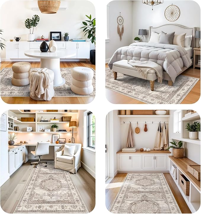 Washable 4x8 Hallway Area Rug: Vintage 8ft Water Resistant Soft Runner Rug for Entry Kitchen Non Slip Wide Low Pile Carpet for Living Room Bedroom Thin Floor Mat for Bathroom Dining Room(Beige,4x8)