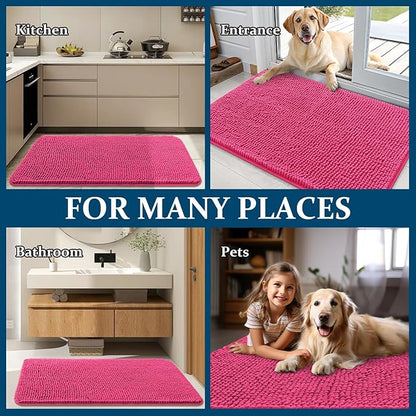 OLANLY Dog Door Mat for Muddy Paws 24x16, Absorbs Moisture and Dirt, Absorbent Non-Slip Washable Doormat, Quick Dry Chenille Mud Mat for Dogs, Entry Indoor Entryway Carpet for Inside Floor, Hot Pink