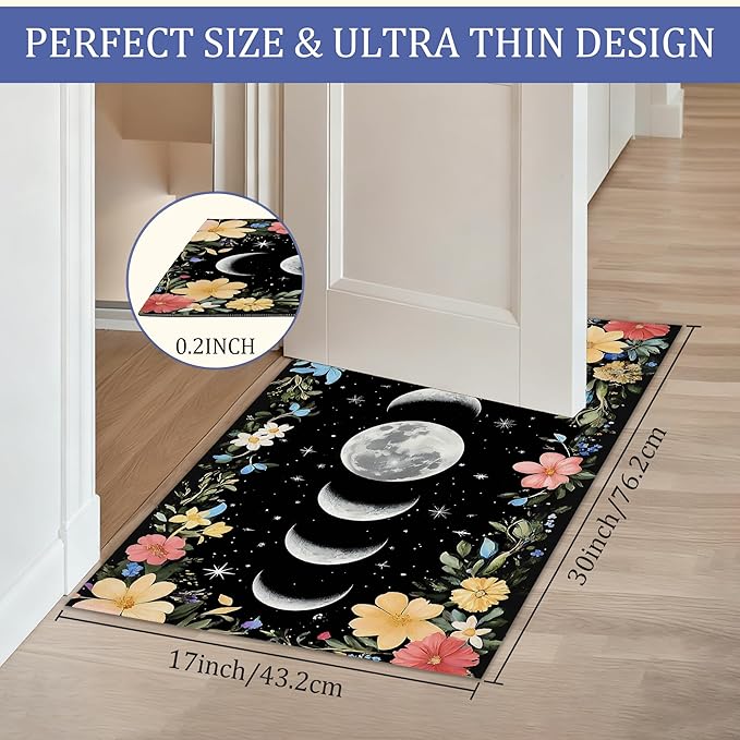 Vintage Moon Phase Welcome Mat,Rustic Flowers Indoor Rugs for Entryway,Anti-Slip Low Profile Doormats Porch Mats for Front Door Stairway Rug Living Room Floor Mat 30 x 17 Inch