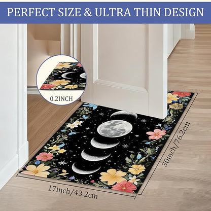 Vintage Moon Phase Welcome Mat,Rustic Flowers Indoor Rugs for Entryway,Anti-Slip Low Profile Doormats Porch Mats for Front Door Stairway Rug Living Room Floor Mat 30 x 17 Inch