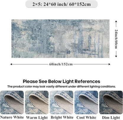 Modern Abstract Runner Rug 2x5: Washable Non-Slip Hallway Runner for Entryway, Kitchen - Soft Low-Pile Carpet with Rubber Backing, Throw Rugs for High Traffic Areas 2x5 Blue