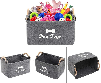 Geyecete Dog Toys Storage Bins - with Wooden Handle, Collapsible Pet Supplies Storage Basket Pet Supplies Storage Basket/Bin Kids Toy Chest Storage Trunk (Grey)