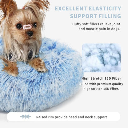 Blue and White Dog Bed Small Washable,Calming Dog Bed for Small Dogs,15 inches Donut Fluffy Pet Beds,Anti Anxiety Round Fits up to 5 lbs Soft Warm Pets Beds for Puppy Dogs Indoor