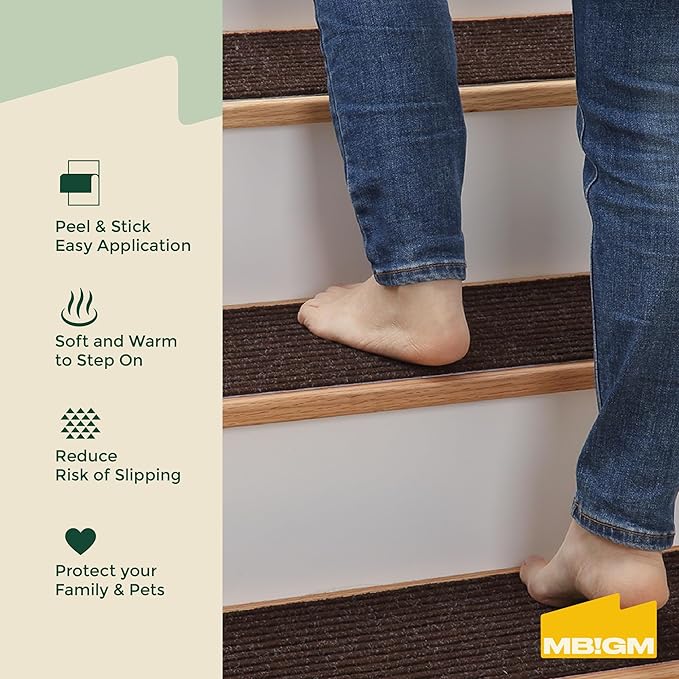 MBIGM 8" X 30" (28 in Pack) Non-Slip Carpet Stair Treads Non-Skid Safety Rug Slip Resistant Indoor Runner for Kids Elders and Pets with Reusable Adhesive - Brown