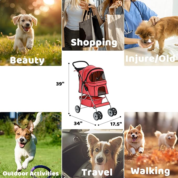 Pet Stroller for Small Medium Dogs & Cats, 4-Wheel Breathable Compact Foldable Dog Carrier with Storage Basket, Outdoor Portable Lightweight Travel Stroller for Camping,Red