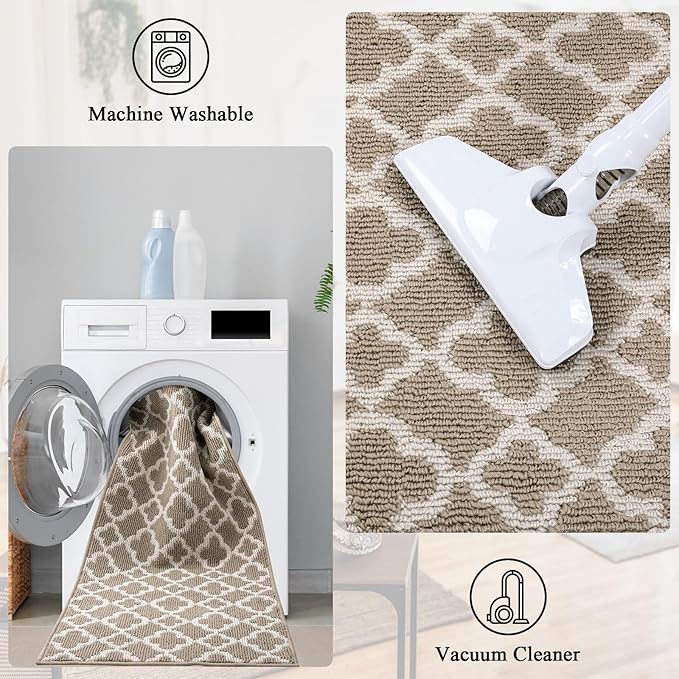 U'Artlines Long Runner Rug for Hallway 2×8feet Non Slip Kitchen Floor Carpet Runners Beige Geometric Pattern Machine Washable Area Rug for Entryway Bathroom