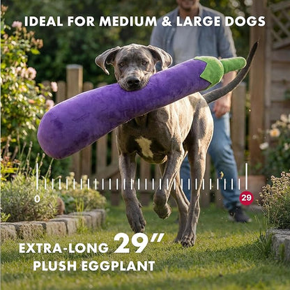 Pet Lou 29 Inch Eggplant Plush Dog Toy for Soft Chewers, Extra-Long Squeaky & Crinkle Dog Toy, Super Soft Stuffed Anti-Boredom Pet Plush Toy