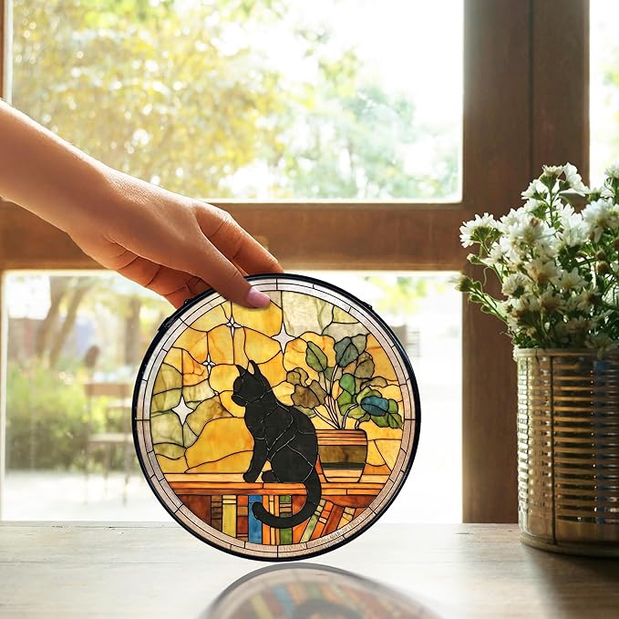 TNUW Black Cat Stained Glass Window Hanging, Black Cat Book Lovers Sun Catchers Indoor Window Glass Round Wall Art Decor, Book Lovers Gifts for Women Wall Hanging Decorations, 7.9＂x7.9＂